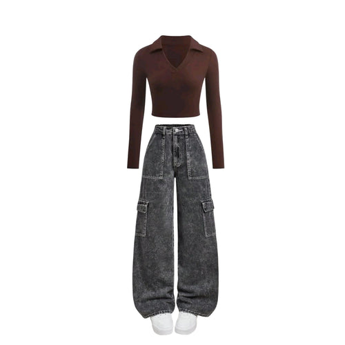 A charcoal cargo jeans | B rown top (Full set )