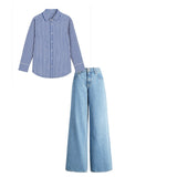 Sky Blue High Waist Baggy Jeans & Dark blue Striped Shirt (Women's Fullset)