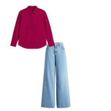sky blue High waist baggy jeans |Hot pink shirt ( women ) (FULLSET) (Copy)