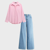High waist Sky blue baggy jeans |Baby pink shirt plain | womens