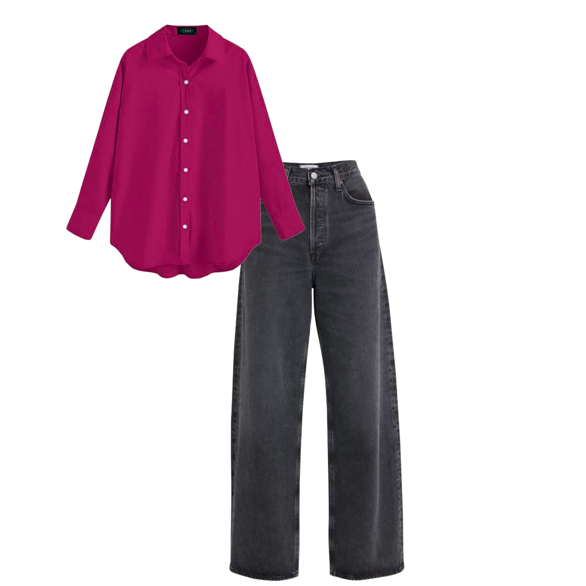High waist baggy jeans charcoal | Hot pink shirt | womens