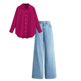 High waist Sky blue baggy jeans |Hot red shirt | womens