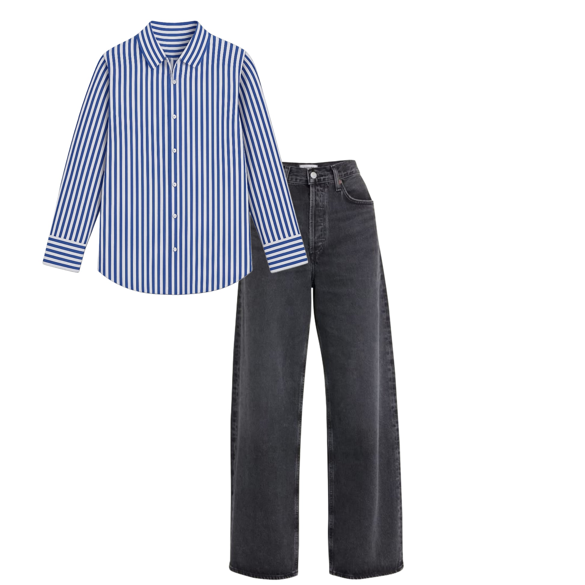 High waist baggy jeans charcoal |Dark Blue striped striped shirt broad line | womens