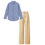 Beidge pant (trouser ) | Broad striped blue shirt (women )