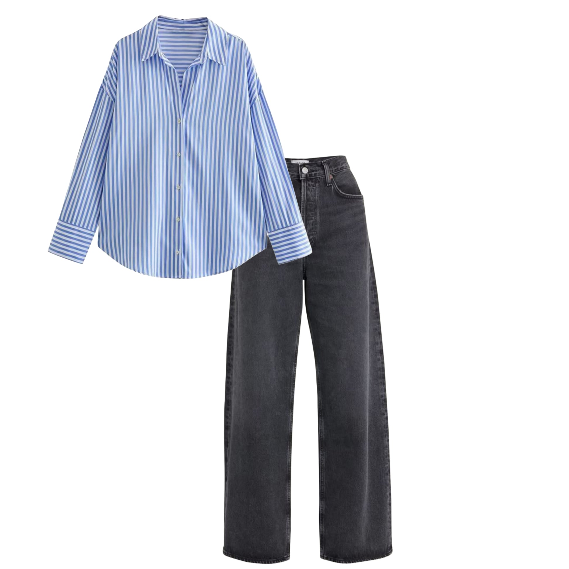 High waist baggy jeans charcoal |  Blue striped shirt | womens
