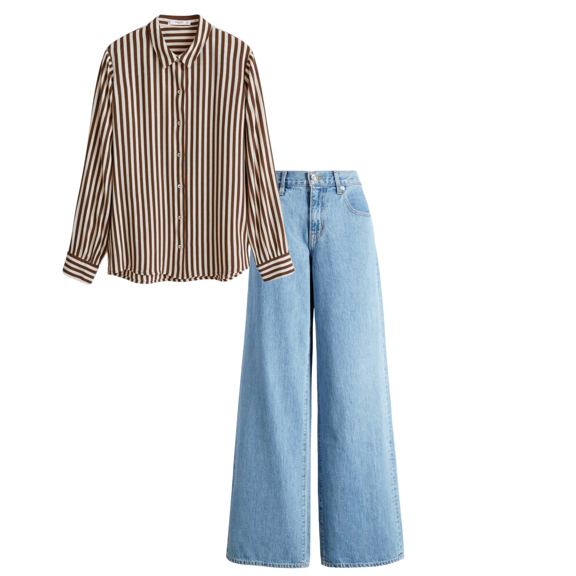 High waist Sky blue baggy jeans charcoal |Brown striped shirt | womens