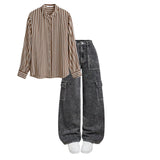 High waist Cargo baggy jeans charcoal |Brown striped shirt | womens