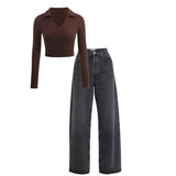 Charcoal High waist baggy jeans | Brown full sleeve  top - full set