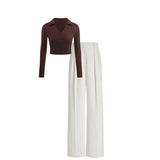 white High waist  trouser (pant) |Brown full sleeve top- full set