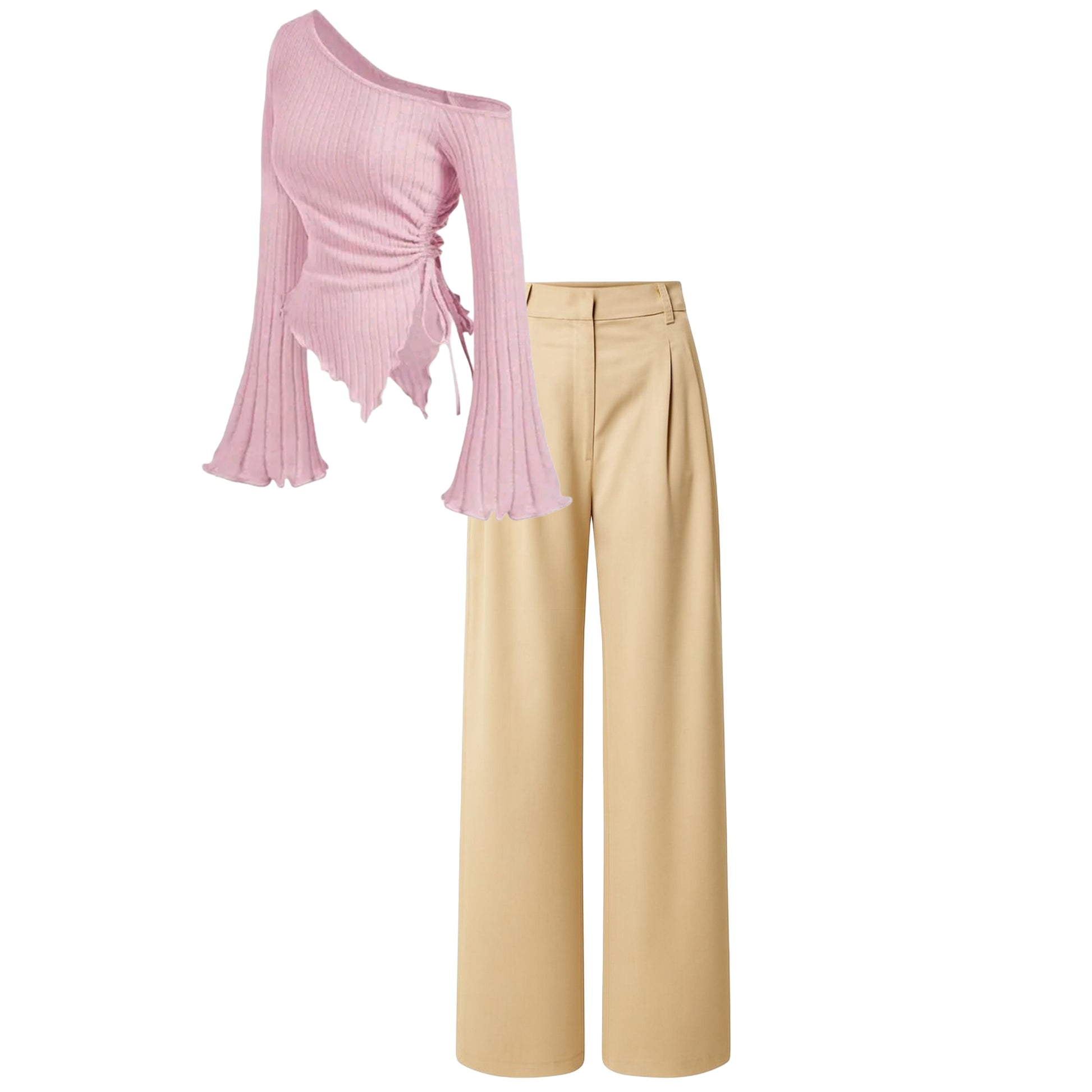 High waist beidge trouser (pant) |Pink top - full set