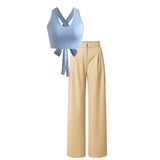 Beidge High waist  trouser (pant) |Sky blue top - full set