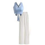 white High waist  trouser (pant) | Sky blue top - full set