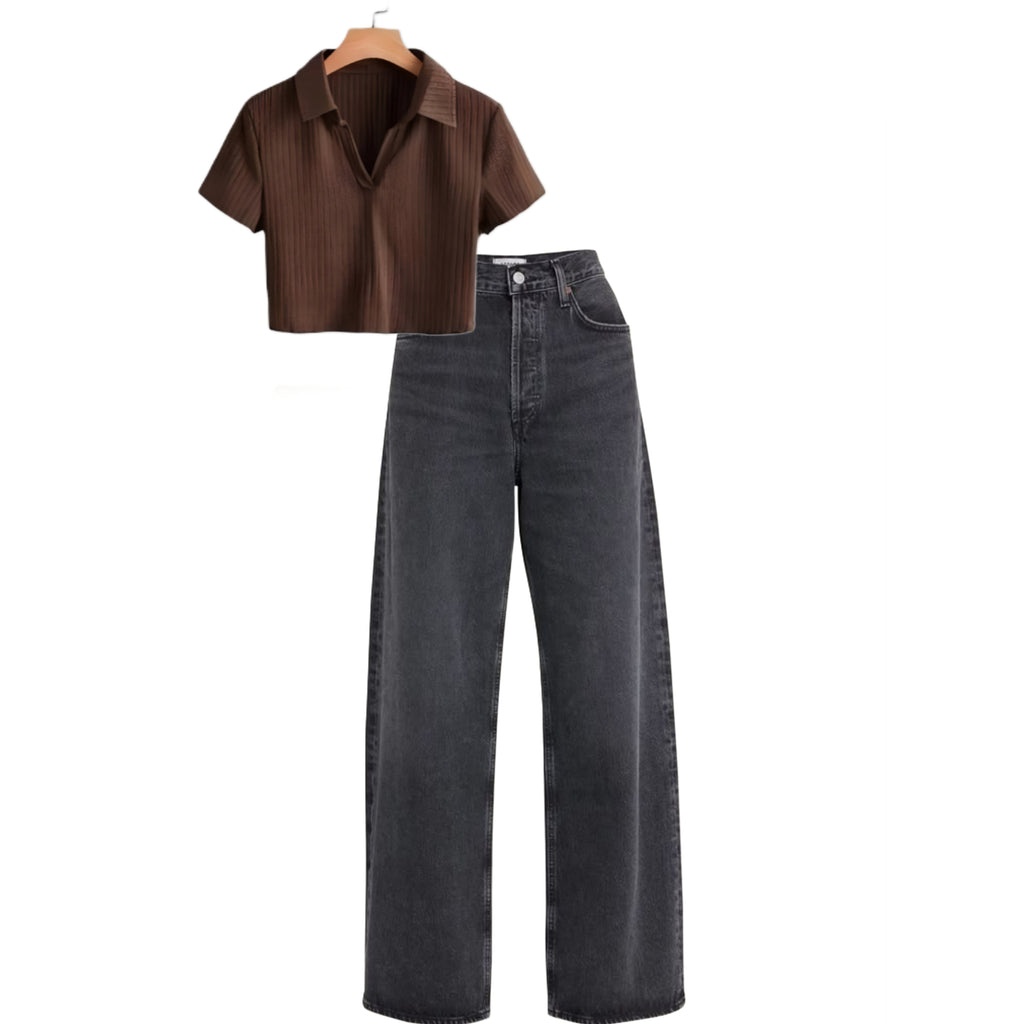 Charcoal High waist baggy jeans |Brown top half sleeve - full set