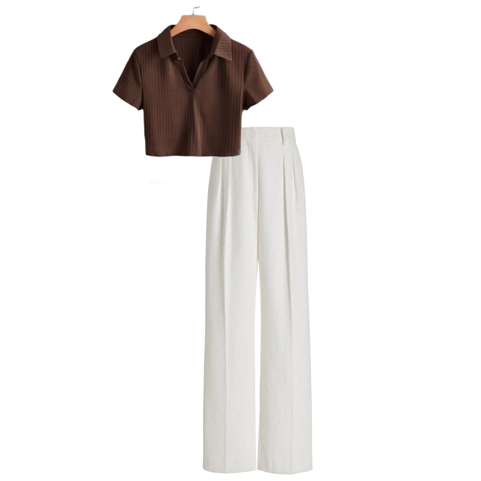 White High waist  trouser (pant) | Brown top half sleeve - full set