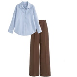 Brown pant (trouser ) |Sky blue broad striped shirt (women )