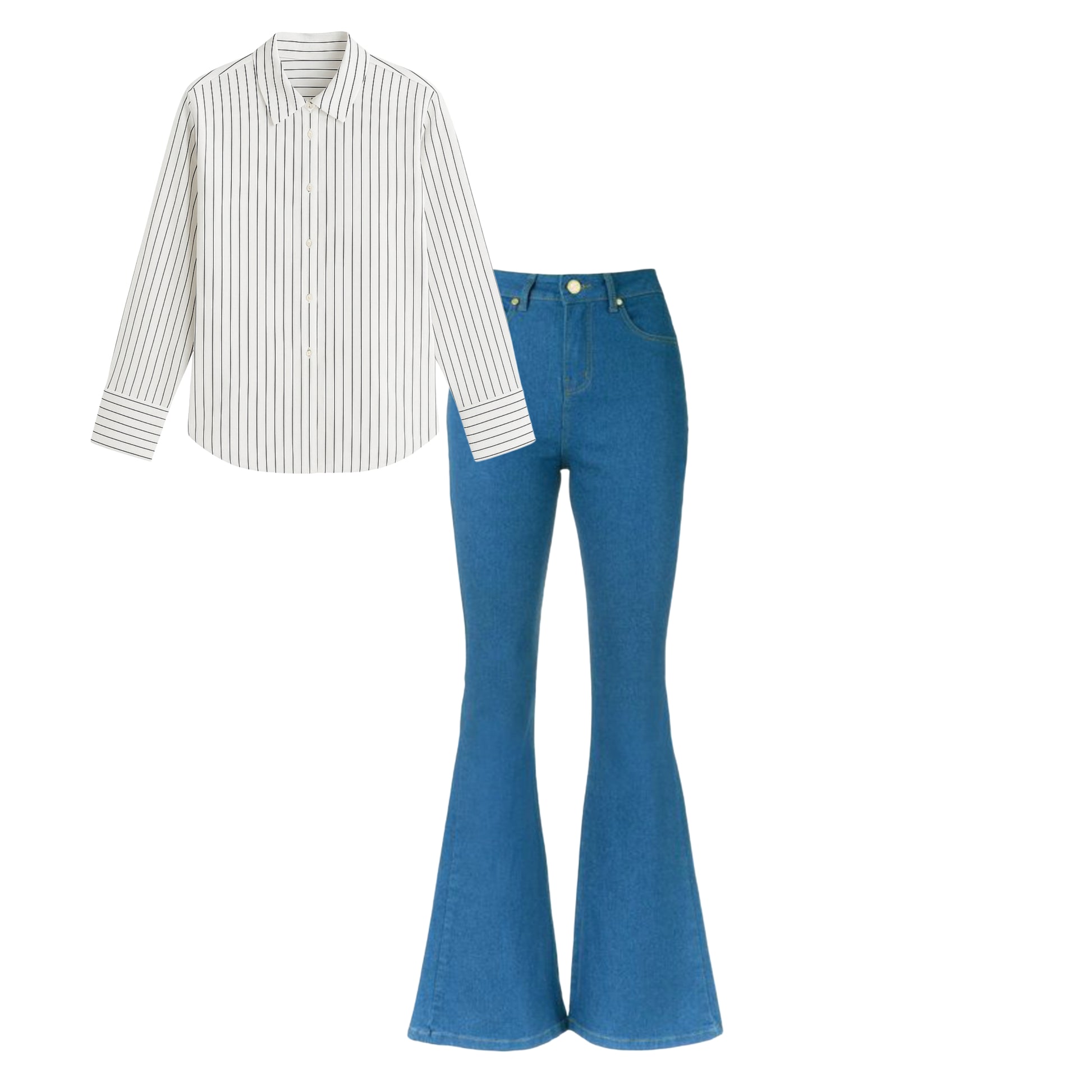 Sky blue bell bottom jeans |White striped shirt | Womens