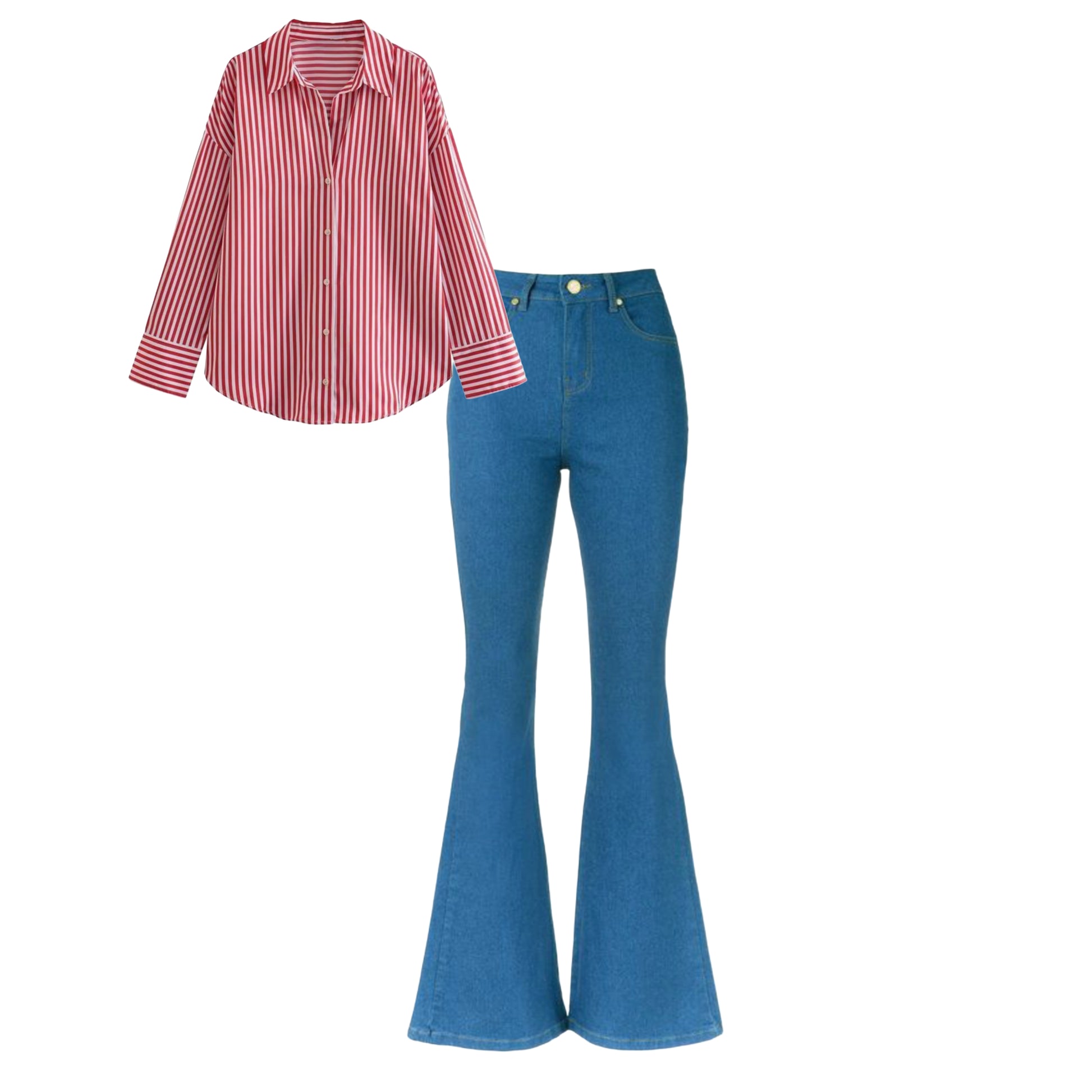 Sky blue bell bottom jeans |Red striped shirt | Womens