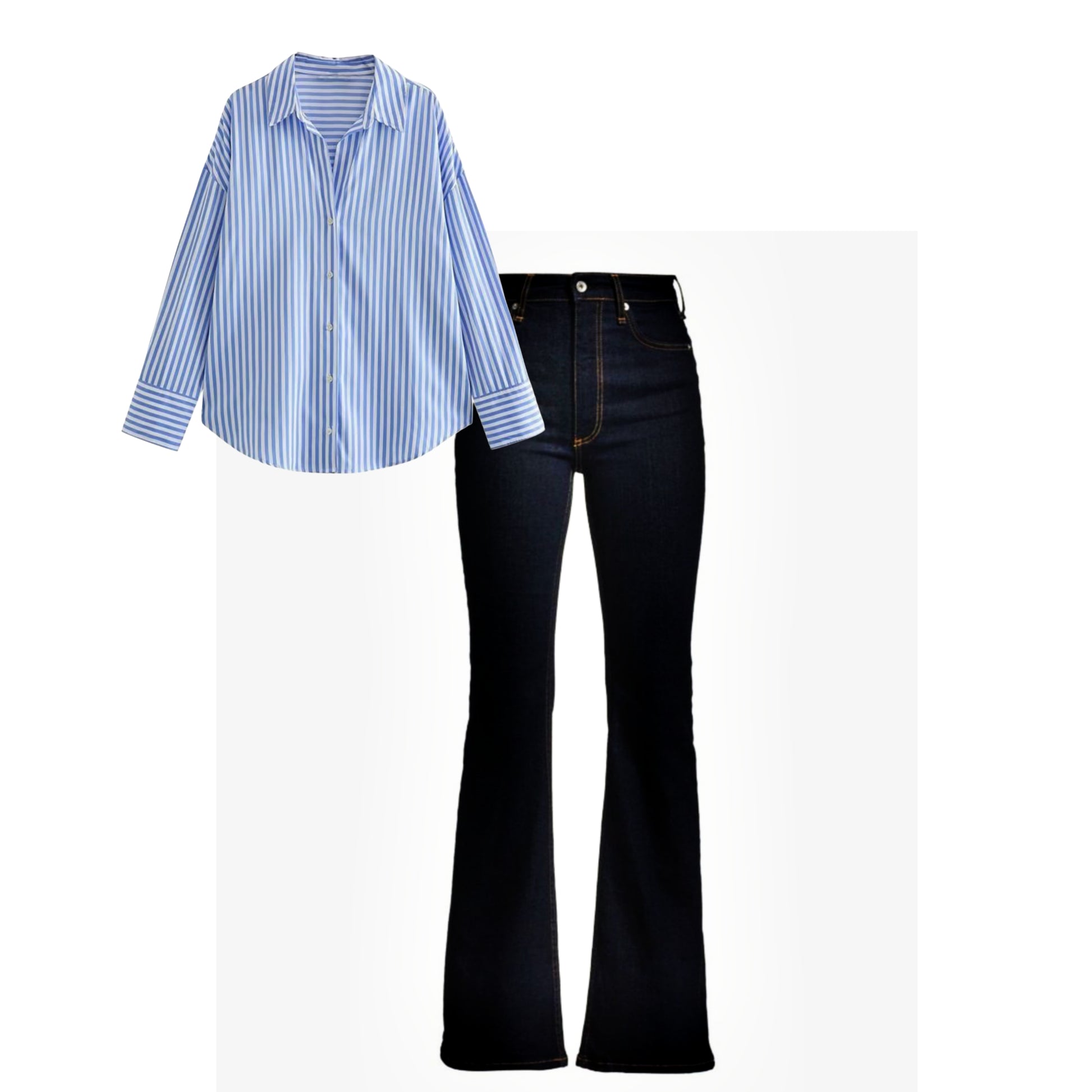 Dark blue bell bottom jeans |Sky blue broad striped shirt | Womens