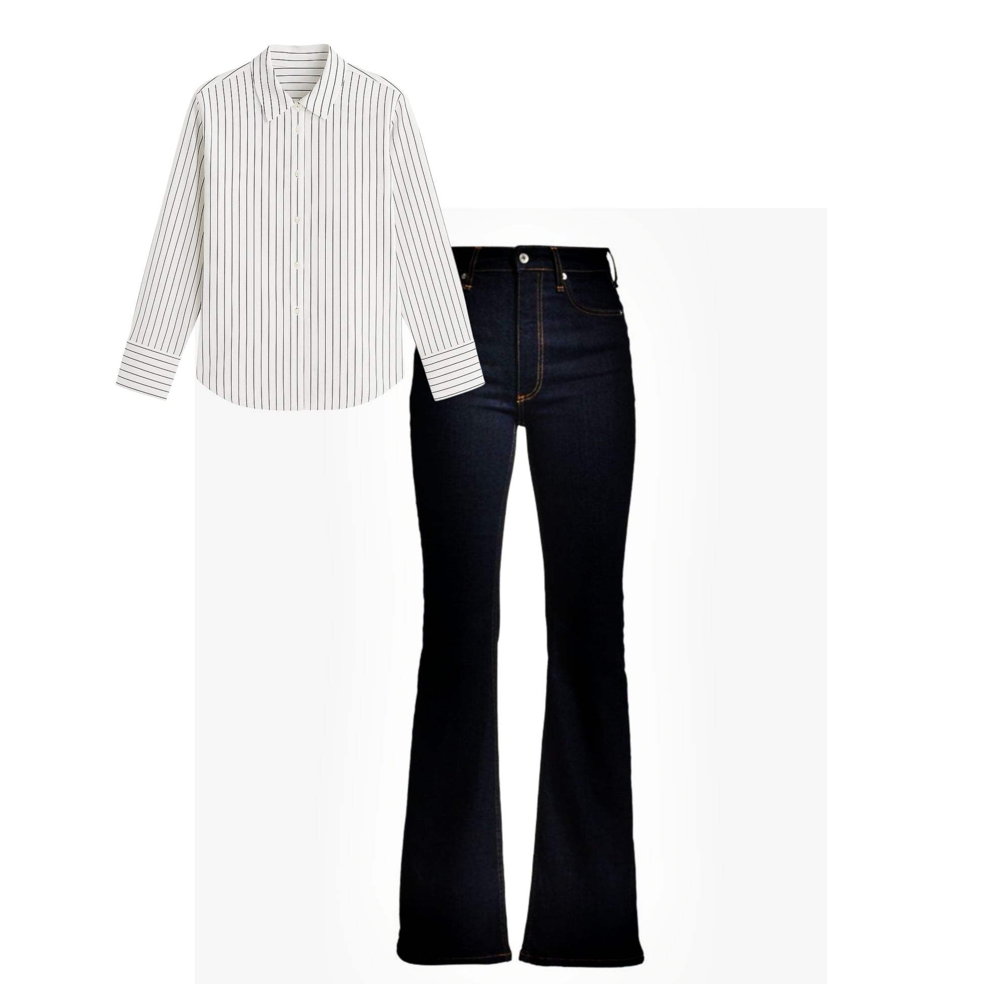 Dark blue bell bottom jeans |White striped shirt | Womens