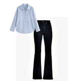 Dark blue bell bottom jeans |sky blue broad striped shirt | Womens