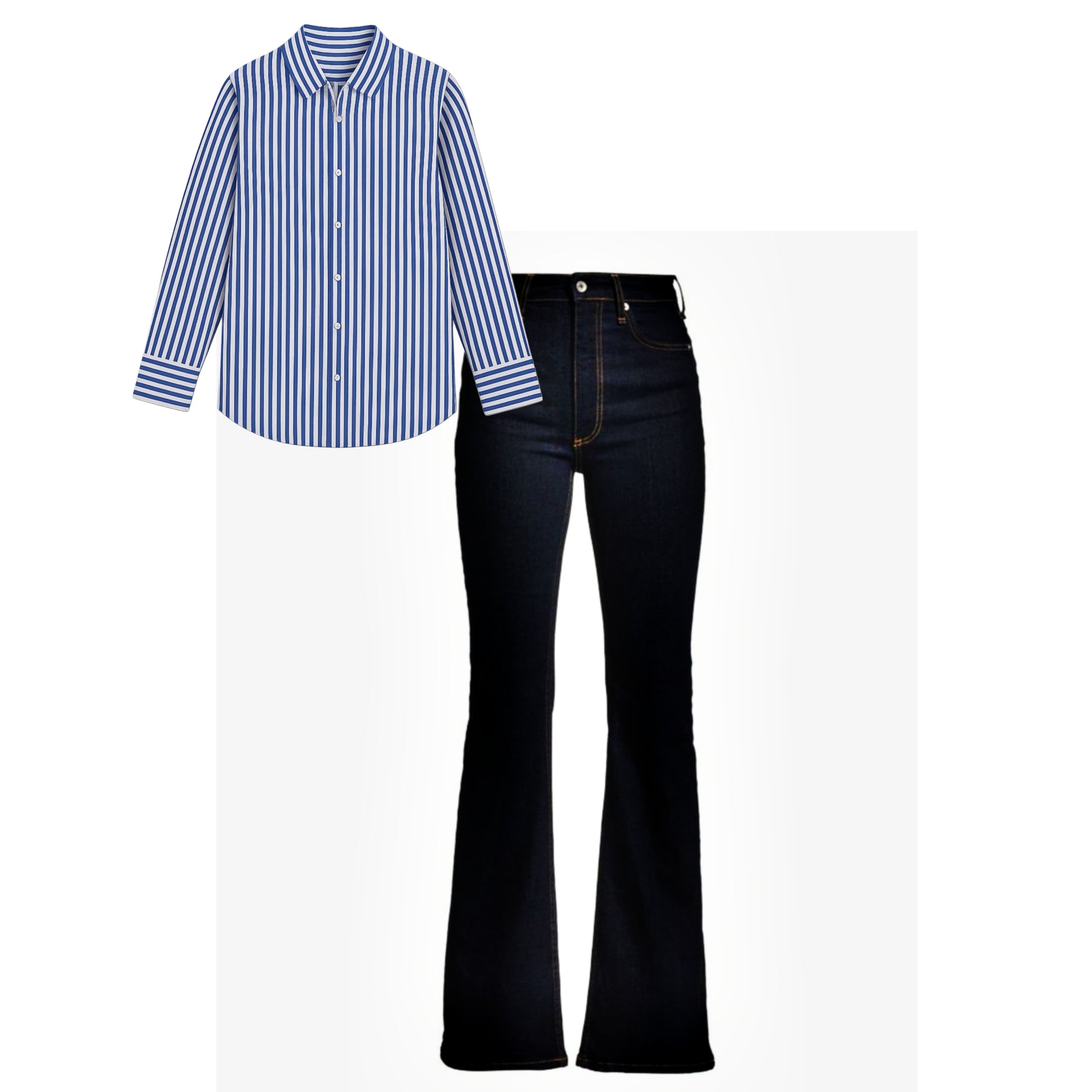 Sky blue bell bottom jeans | Dark blue broad striped shirt | Womens