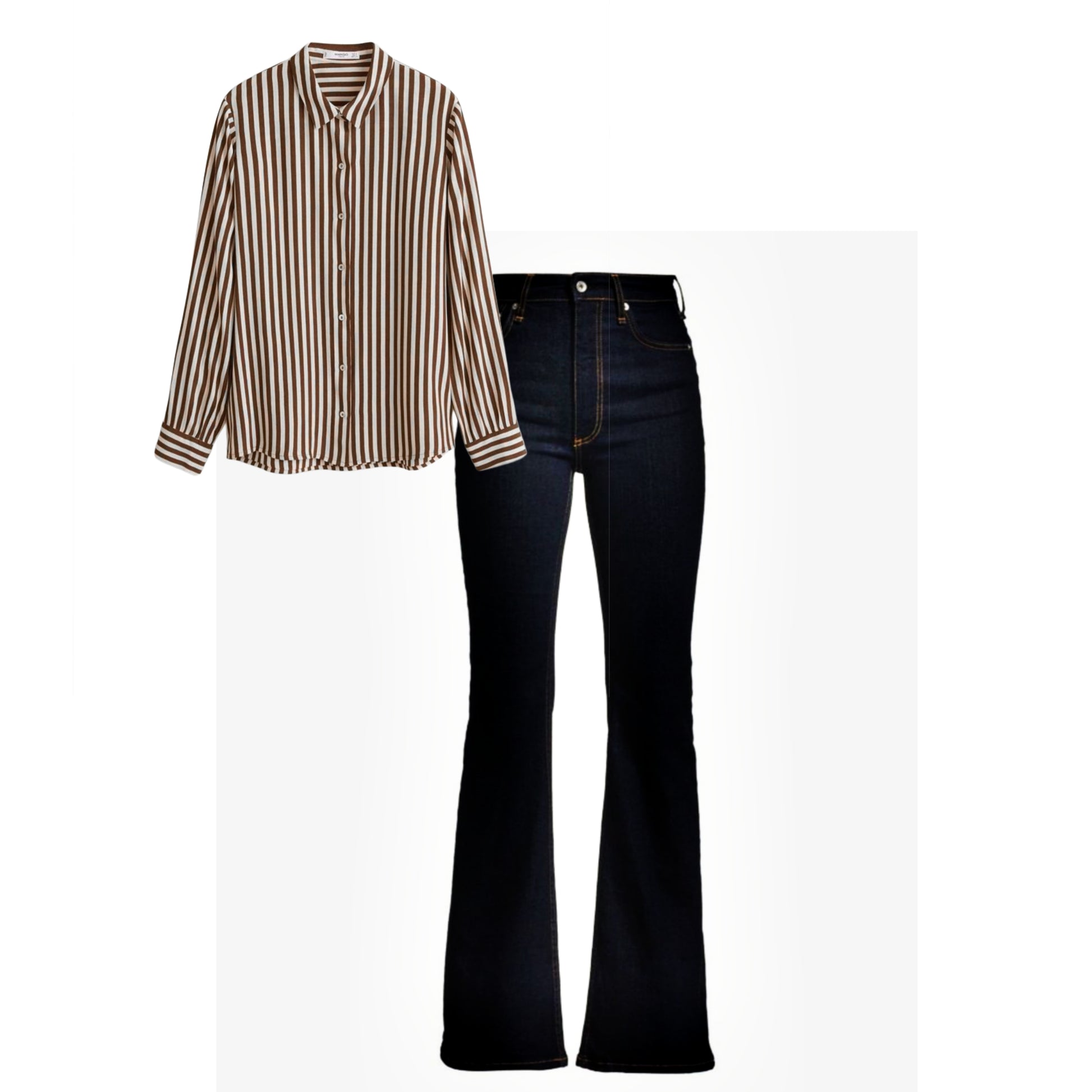 Dark blue bell bottom jeans |Brown striped shirt | Womens