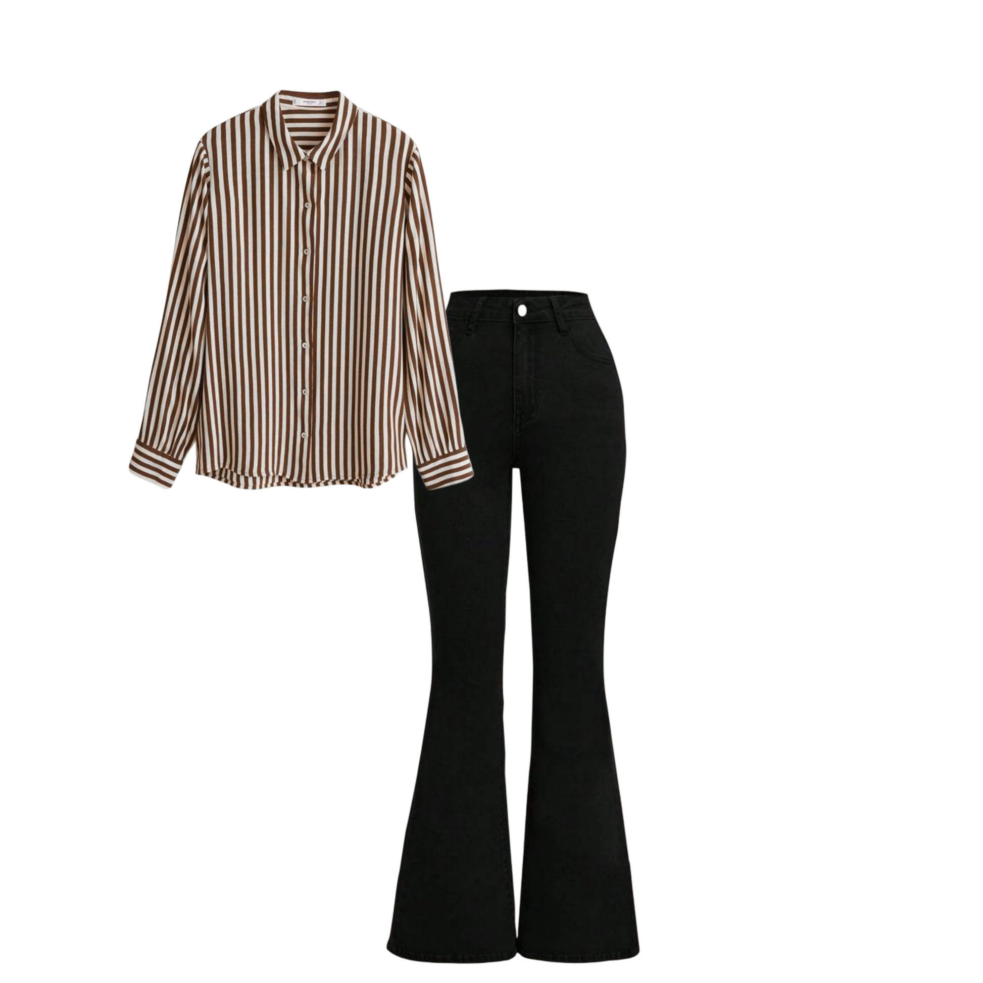 Black bell bottom jeans | Brown striped shirt | Womens