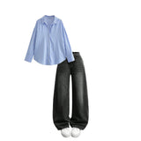 Charcoal white shade baggy jeans | Blue striped shirt | Womens