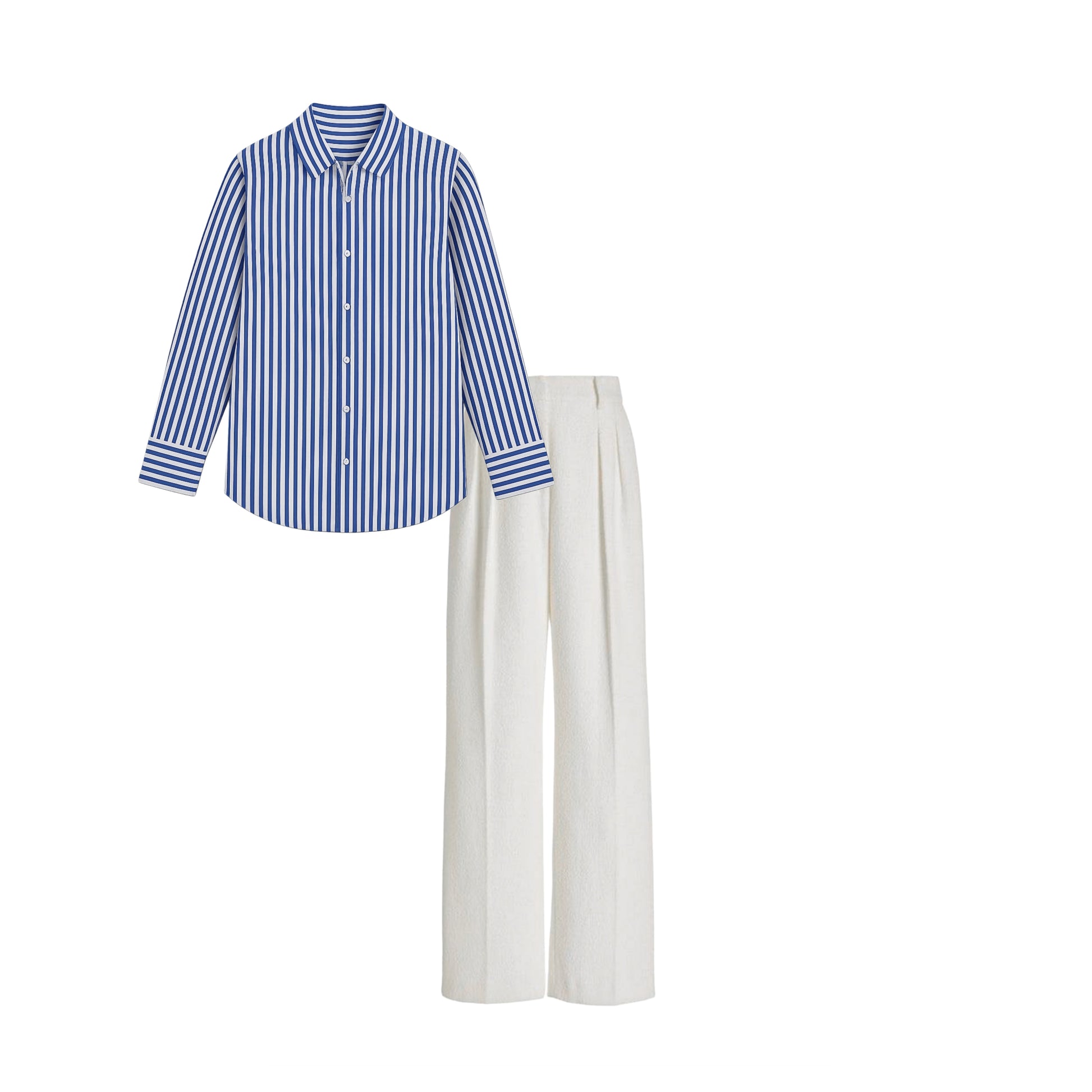 White high waist pant (trouser ) |Dark blue striped shirt (women )