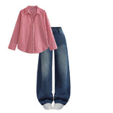 Blue white shade baggy jeans | Red striped shirt | Womens