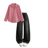 Charcoal white shade baggy jeans  |Red striped shirt | Womens