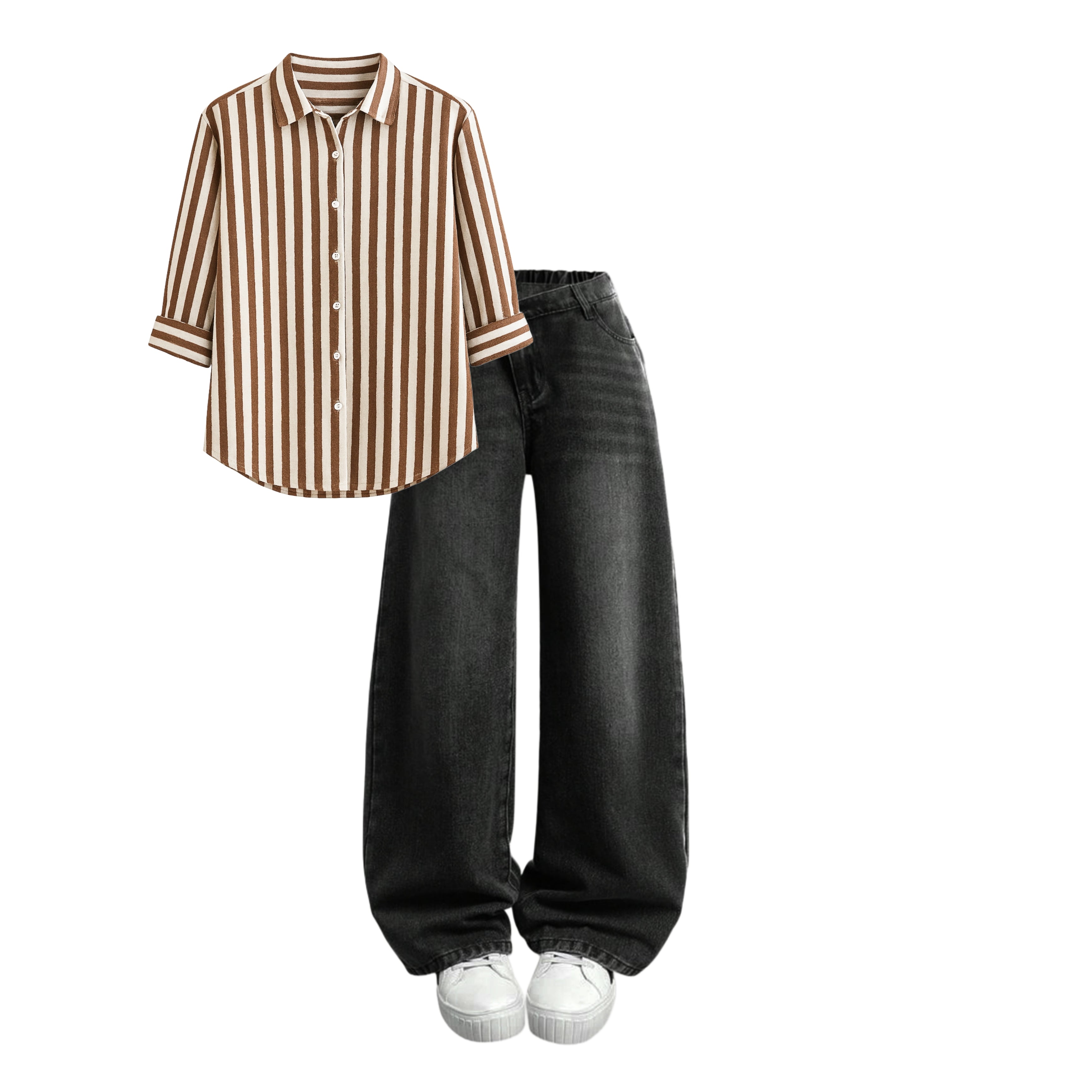 Charcoal white shade baggy jeans | Brown striped shirt | Womens