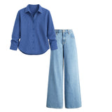 High waist Sky blue baggy jeans | Dark blue striped shirt | womens