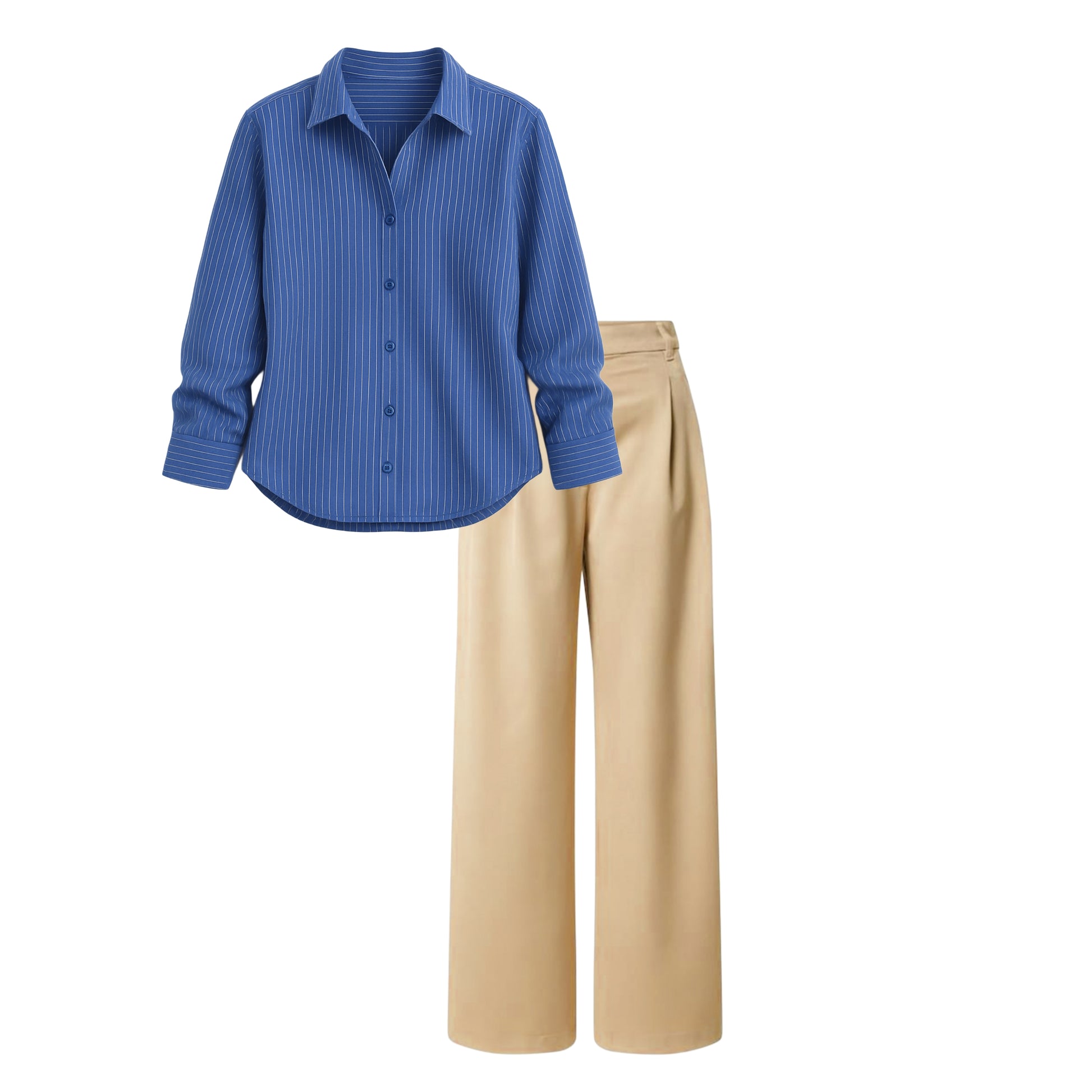 Beidge high waist (trouser ) |Dark blue striped shirt (women )