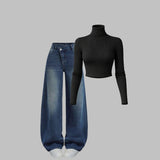 Women’s Ribbed Turtleneck Crop Top with Tailored Bottoms Set – Versatile Styling Options