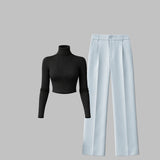 Women’s Ribbed Turtleneck Crop Top with Tailored Bottoms Set – Versatile Styling Options