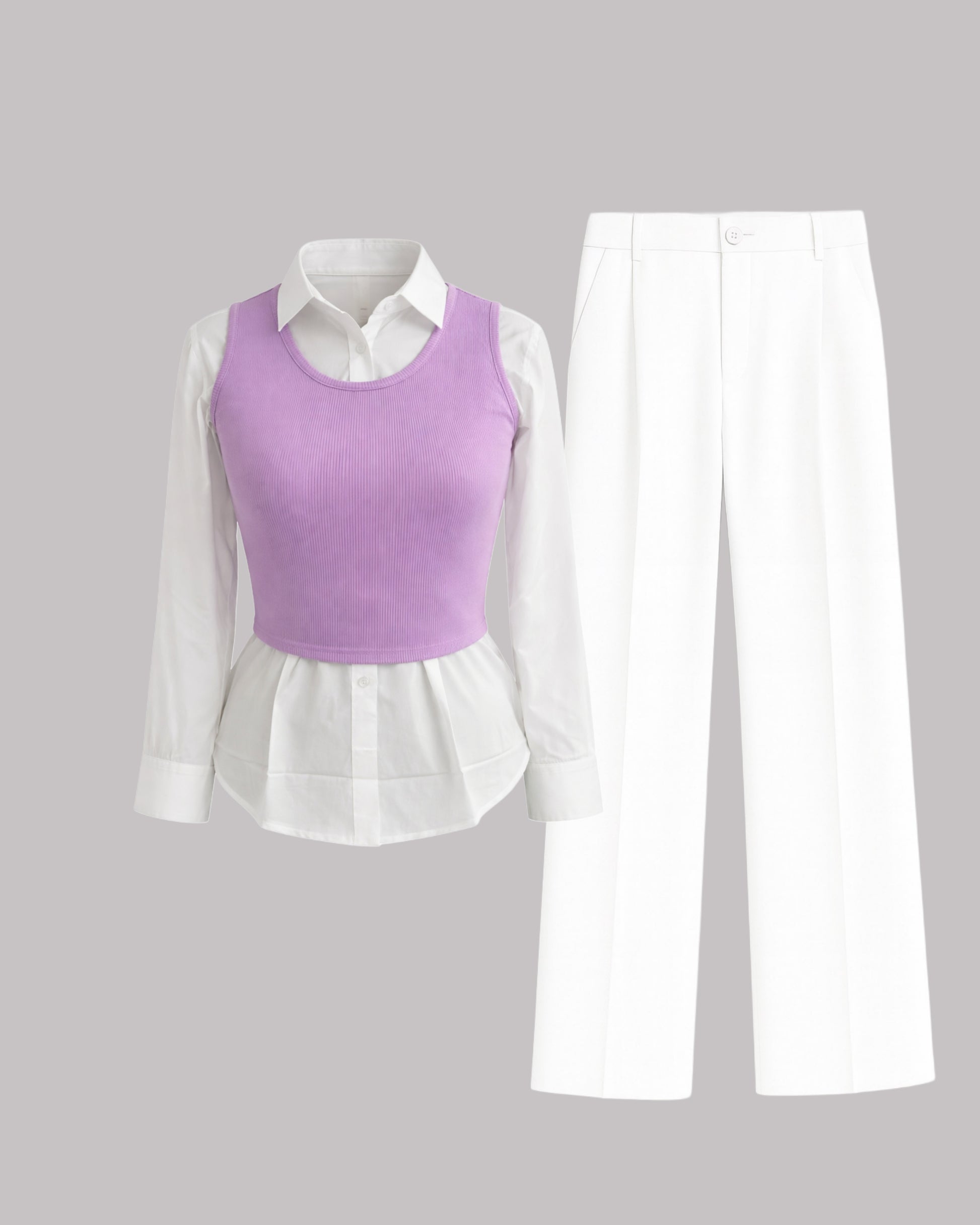 Layered Co-Ord Set with Cotton Shirt, Lycra Top, Trousers & Baggy Jeans