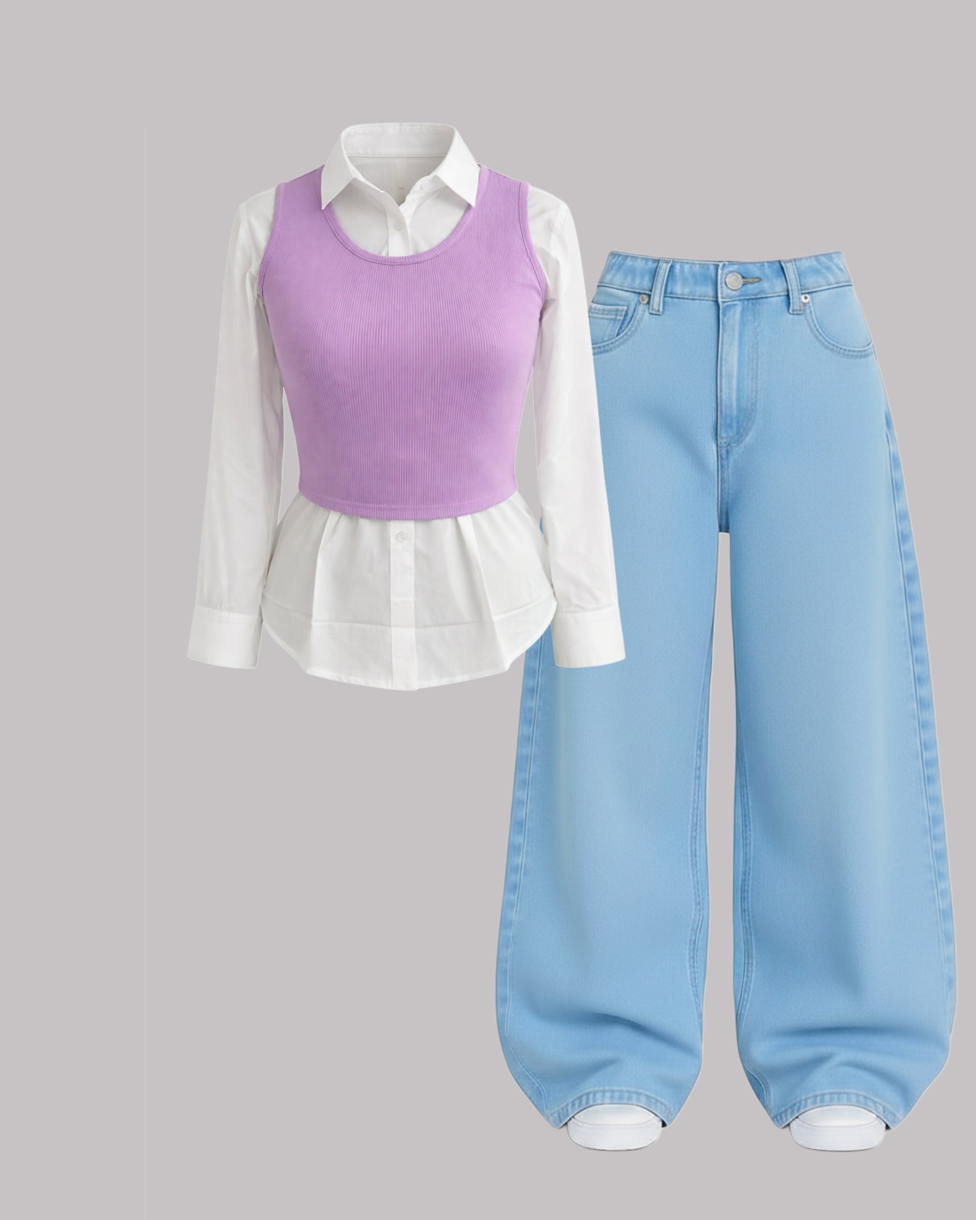 Layered Co-Ord Set with Cotton Shirt, Lycra Top, Trousers & Baggy Jeans