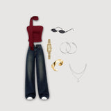 Women's Burgundy Tube Top with Cotton Denim Wide-Leg Jeans Co-Ord Set (Scarf Included)