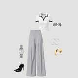 Contrast Trim Polo Top with Wide-Leg Tailored Trousers (Grey)