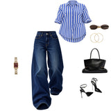 Blue Broad Striped Shirt with Relaxed Wide-Leg Jeans