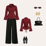 Maroon Flared Sleeve Shirt with Black Wide-Leg Trousers