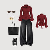 Maroon Flared Sleeve Shirt with Wide-Leg Jeans