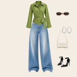 Olive Green Wrap Shirt with Wide-Leg Jeans