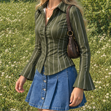 Olive Pinstripe Lace-Up Back Shirt