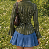 Olive Pinstripe Lace-Up Back Shirt