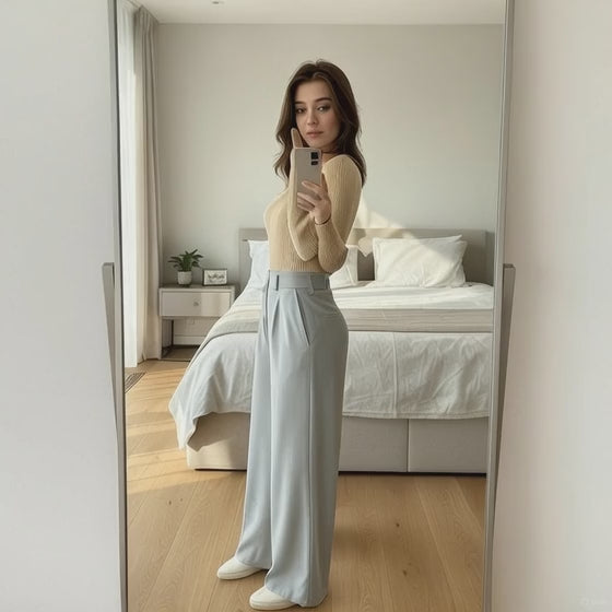 Women’s Ribbed V-Neck Beige Knit Top & High-Waist Light Grey Formal Polyester Trousers with